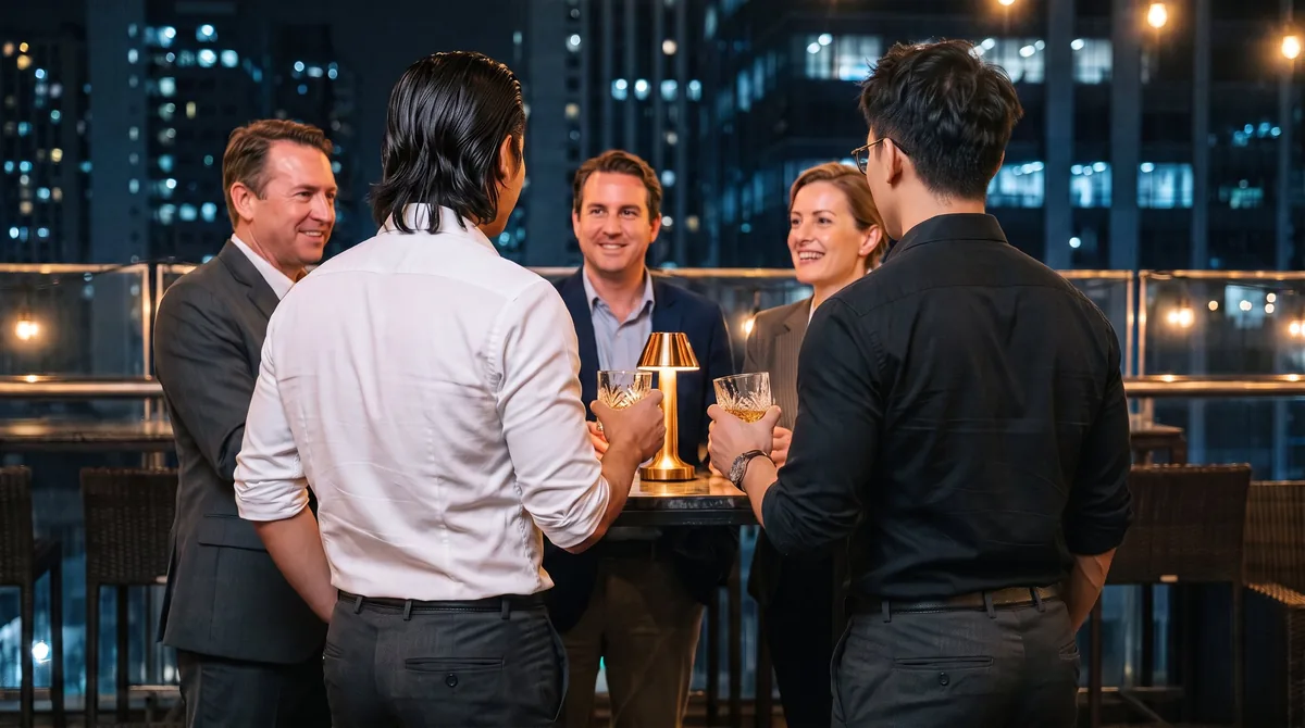 Founders talking at a rooftop gathering at night